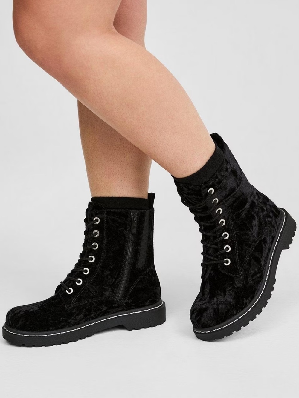 Torrid Plus Size Combat Ankle Boots Crushed Black Velvet Extra Wide Width - 9WW - Picture 2 of 16